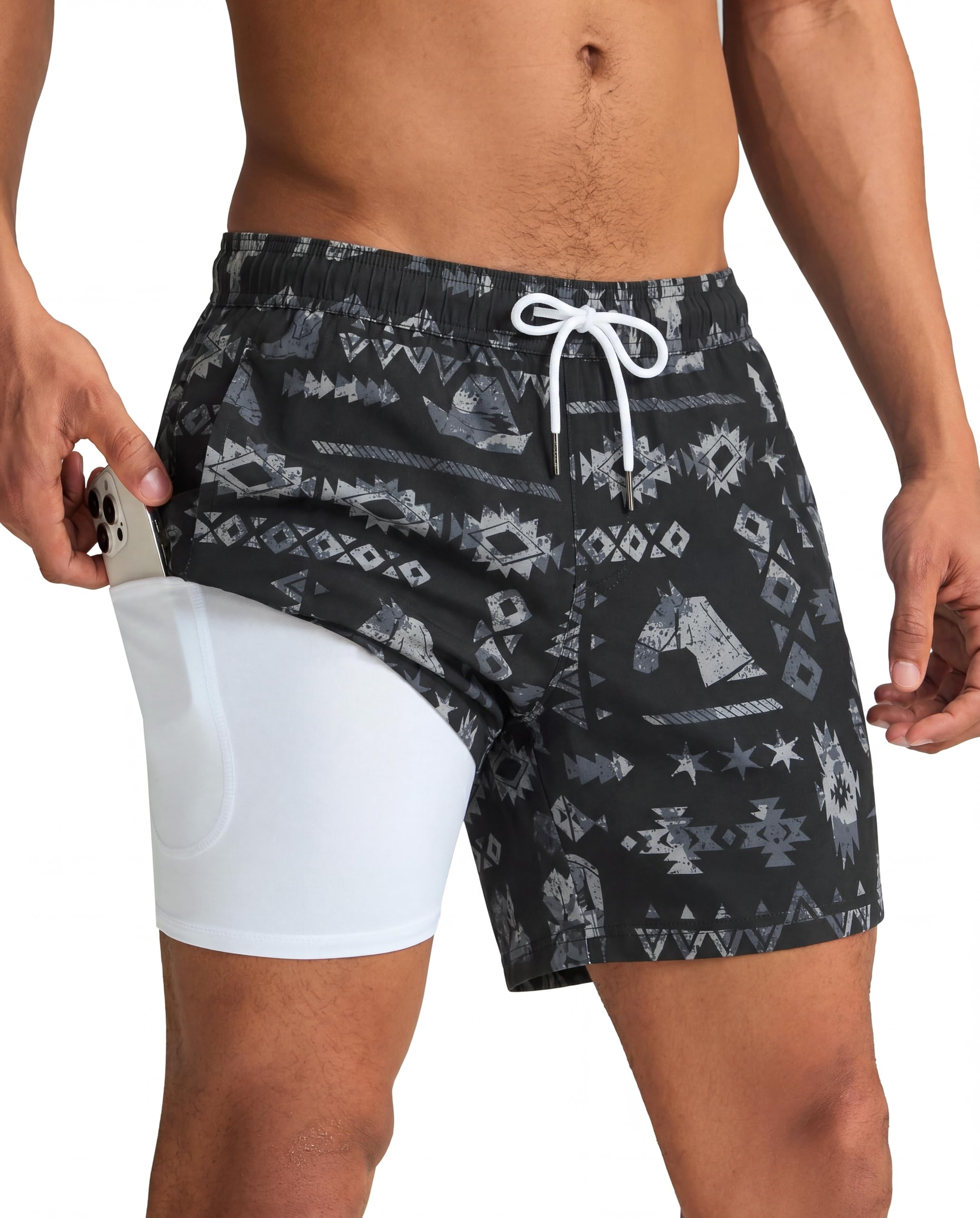 maamgic Mens Swim Trunks with Compression Liner 5 Inch, Quick Dry Bathing Suit with Zipper Pockets, No-Chafing Swim Shorts