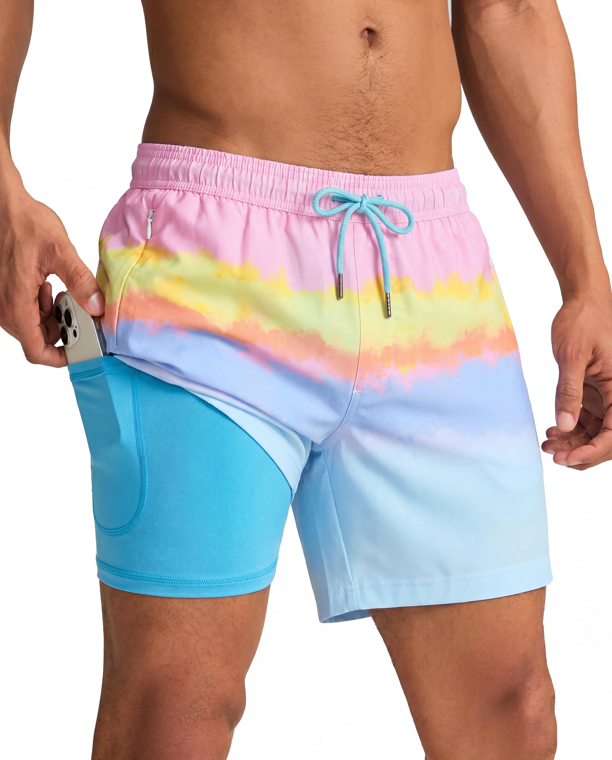 maamgic Mens Swim Trunks with Compression Liner 5 Inch, Quick Dry Bathing Suit with Zipper Pockets, No-Chafing Swim Shorts