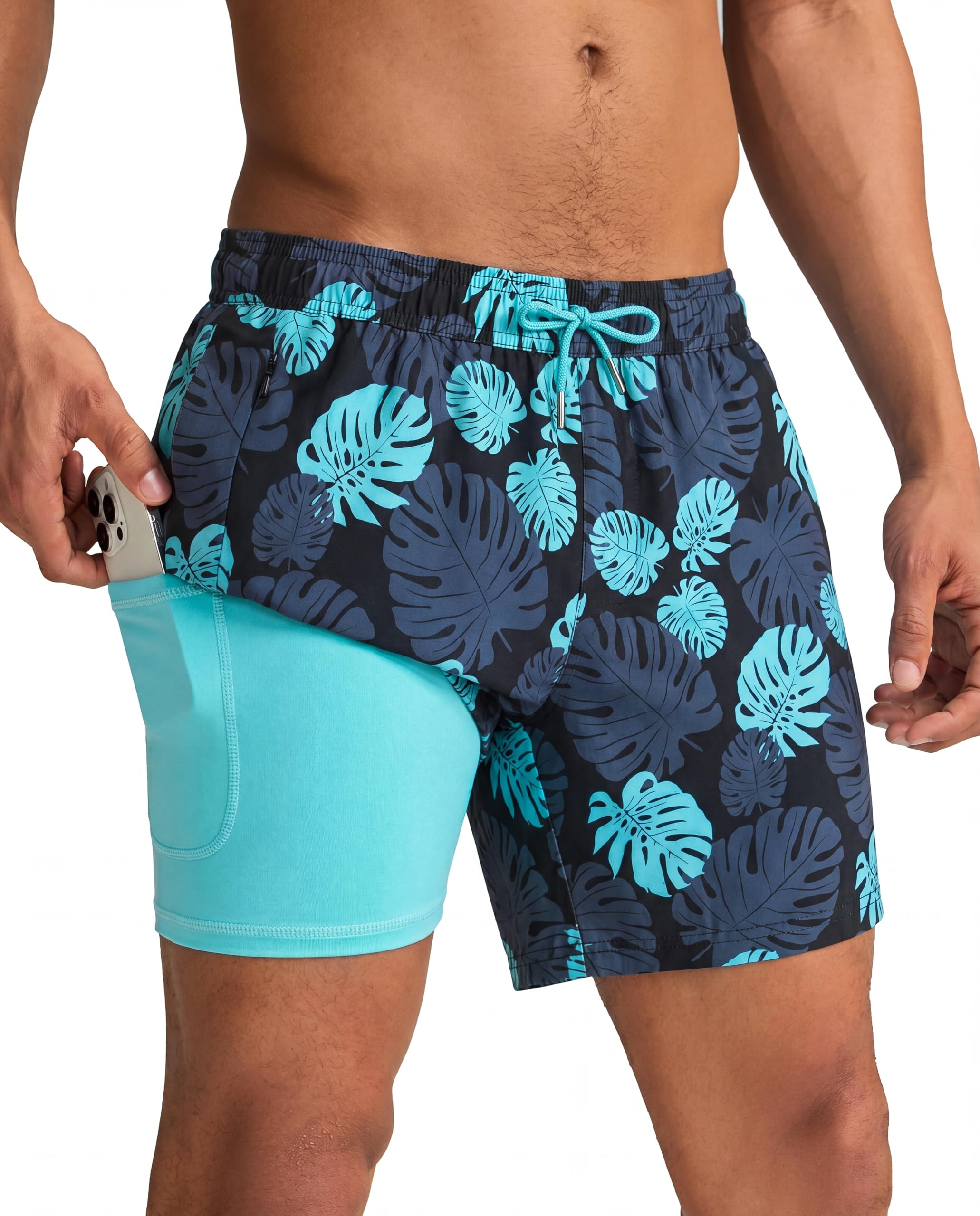maamgic Mens Swim Trunks with Compression Liner 5 Inch, Quick Dry Bathing Suit with Zipper Pockets, No-Chafing Swim Shorts