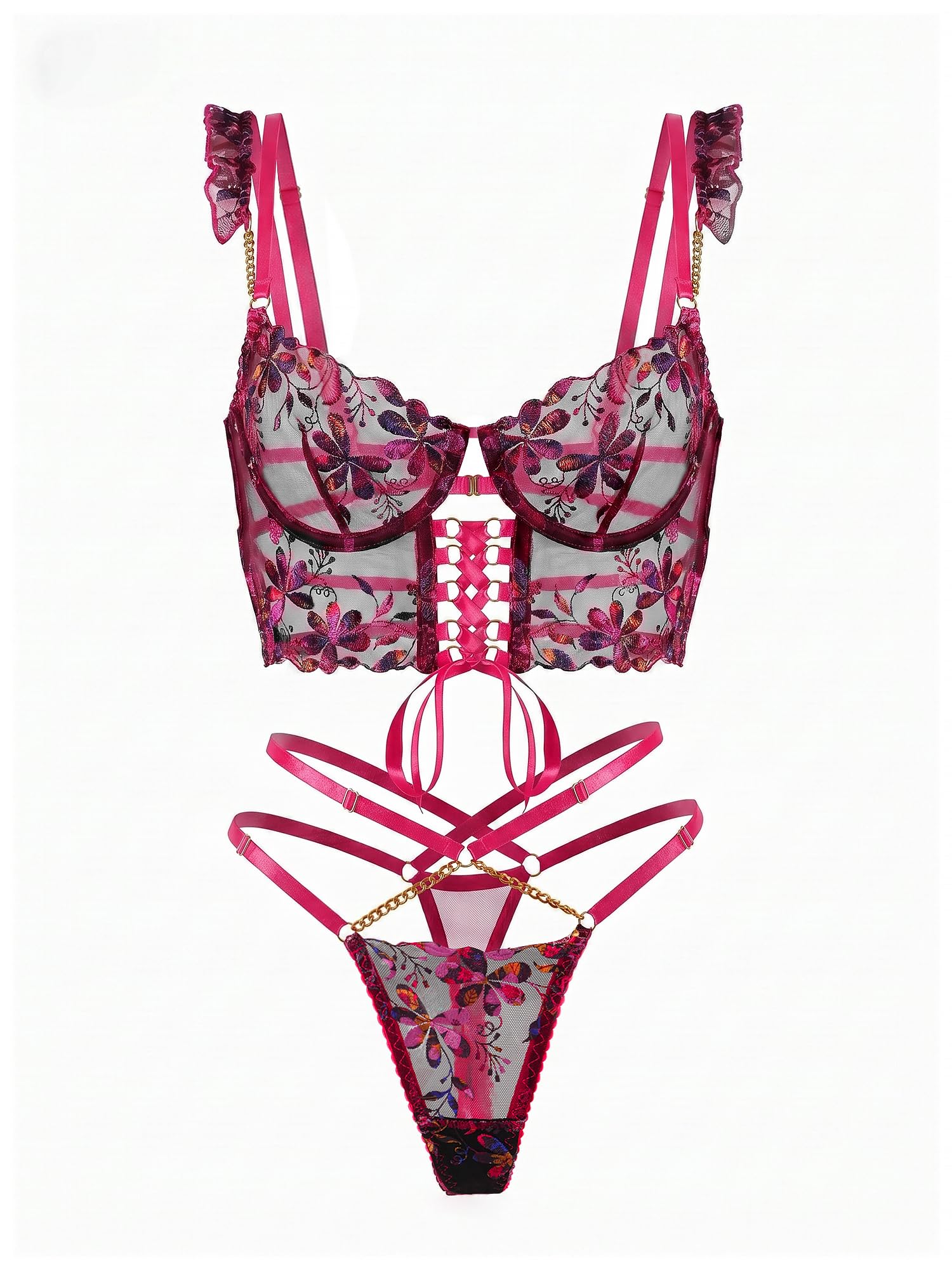 HELLOLAGIRL Women Lingerie Set with Matching Bra and Panty 2 Piece Lace Teddy Babydoll