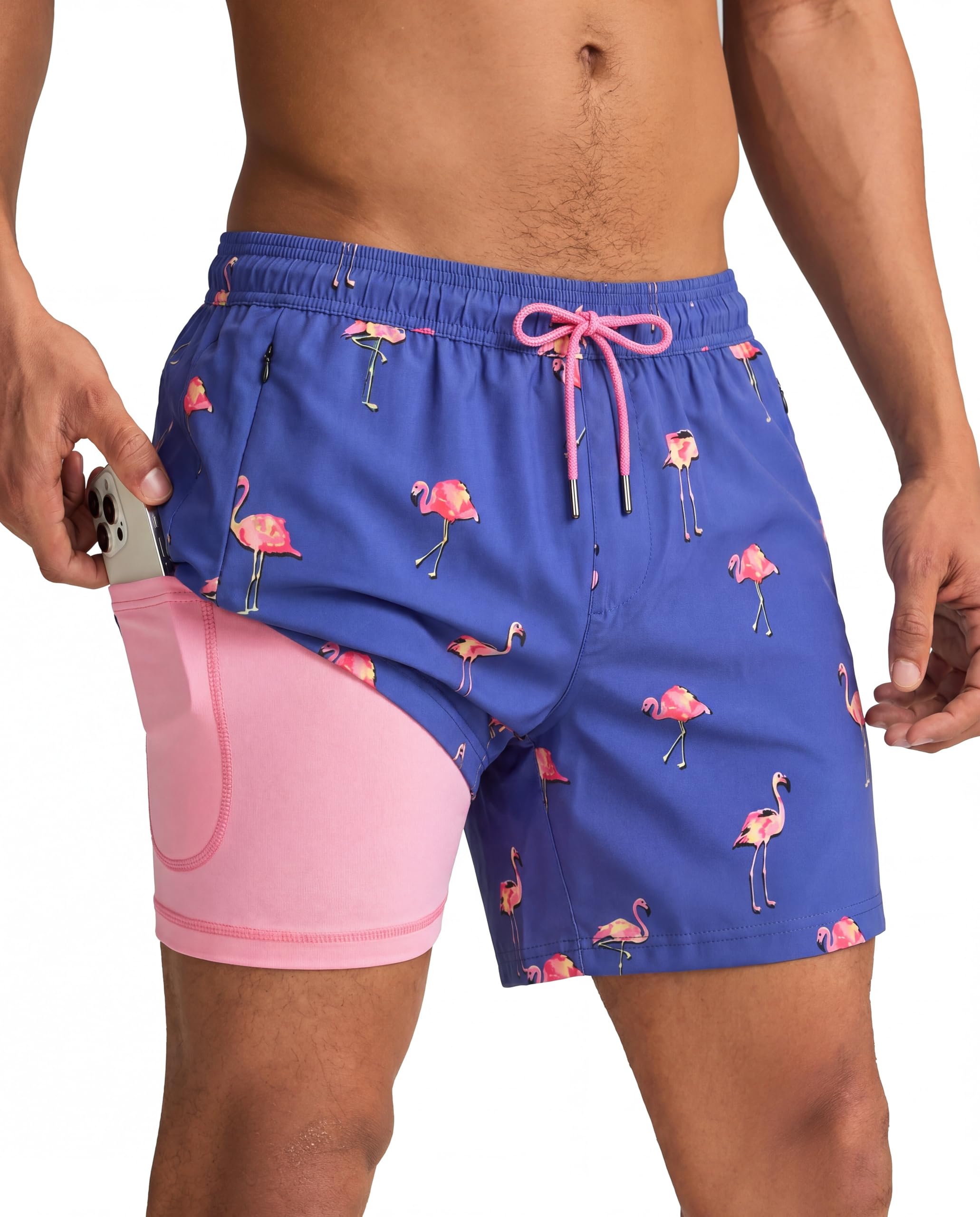 maamgic Mens Swim Trunks with Compression Liner 5 Inch, Quick Dry Bathing Suit with Zipper Pockets, No-Chafing Swim Shorts