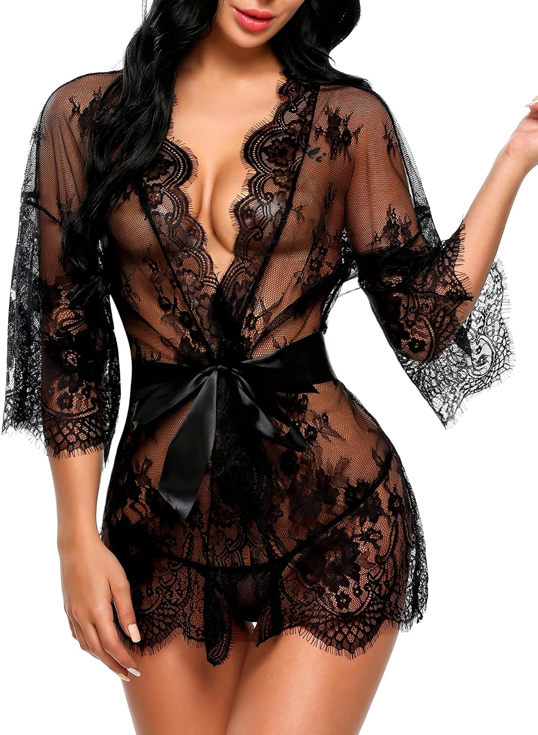 Avidlove Women's Lace Kimono Robe Babydoll Lingerie Mesh Nightgown S-5XL | Sexy Sheer Floral Lace Babydoll Lingerie Kimono Robe with Satin Waist Tie.Ideal for Honeymoon,Wedding Night & Boudoir Shoot