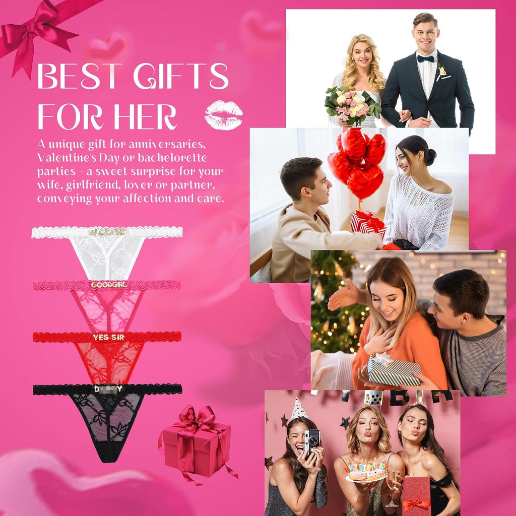 4 Pcs Custom Thongs Personalized Thong with Rhinestone Letters Sexy Lace Panties with Bag Wedding Gift for Couple