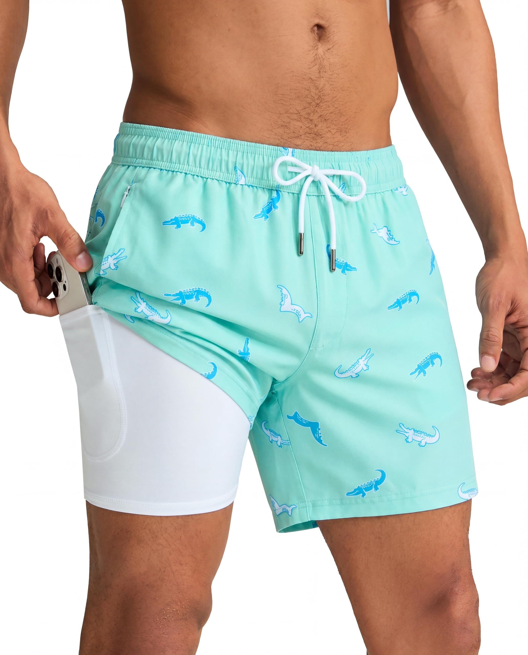 maamgic Mens Swim Trunks with Compression Liner 5 Inch, Quick Dry Bathing Suit with Zipper Pockets, No-Chafing Swim Shorts
