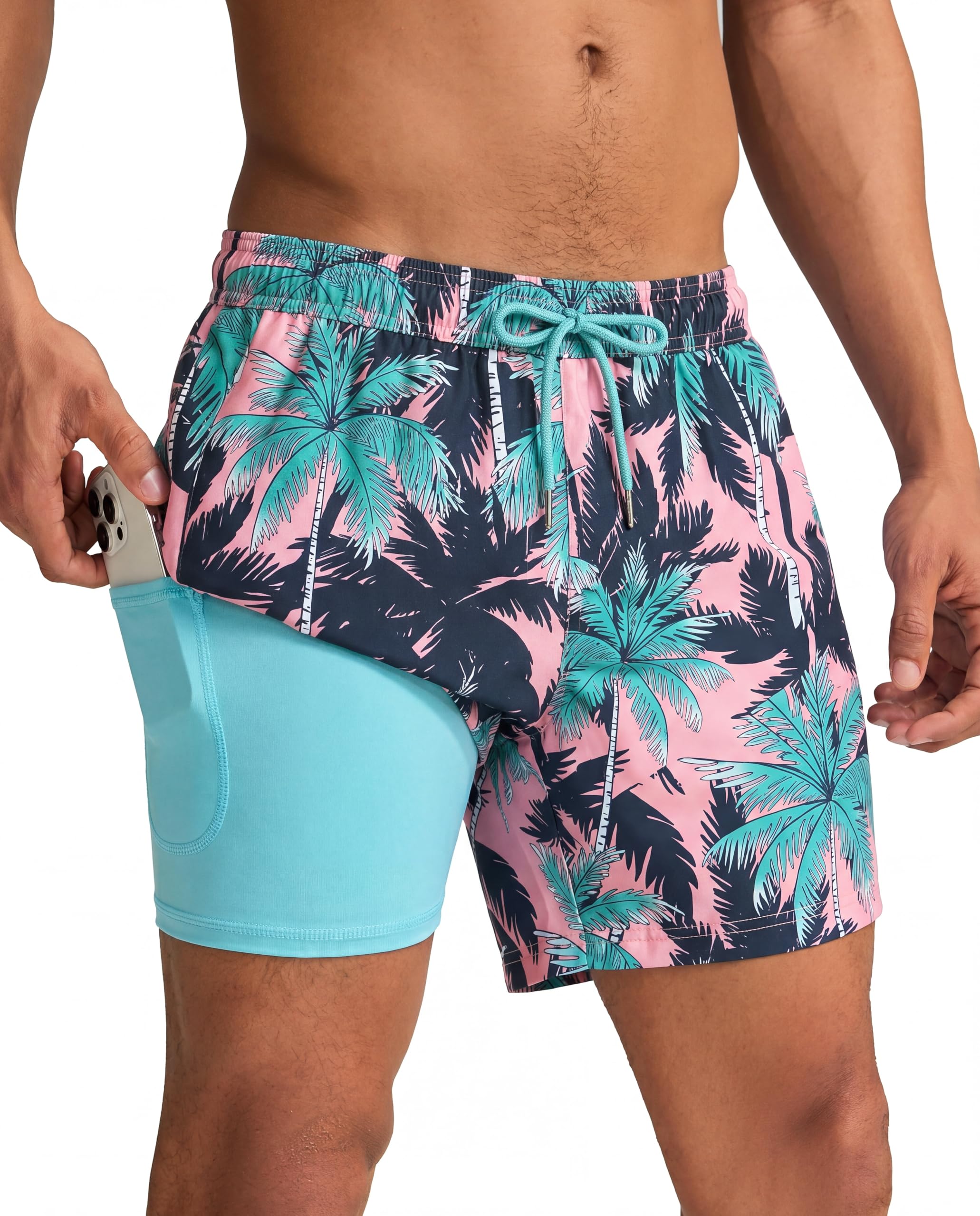 maamgic Mens Swim Trunks with Compression Liner 5 Inch, Quick Dry Bathing Suit with Zipper Pockets, No-Chafing Swim Shorts
