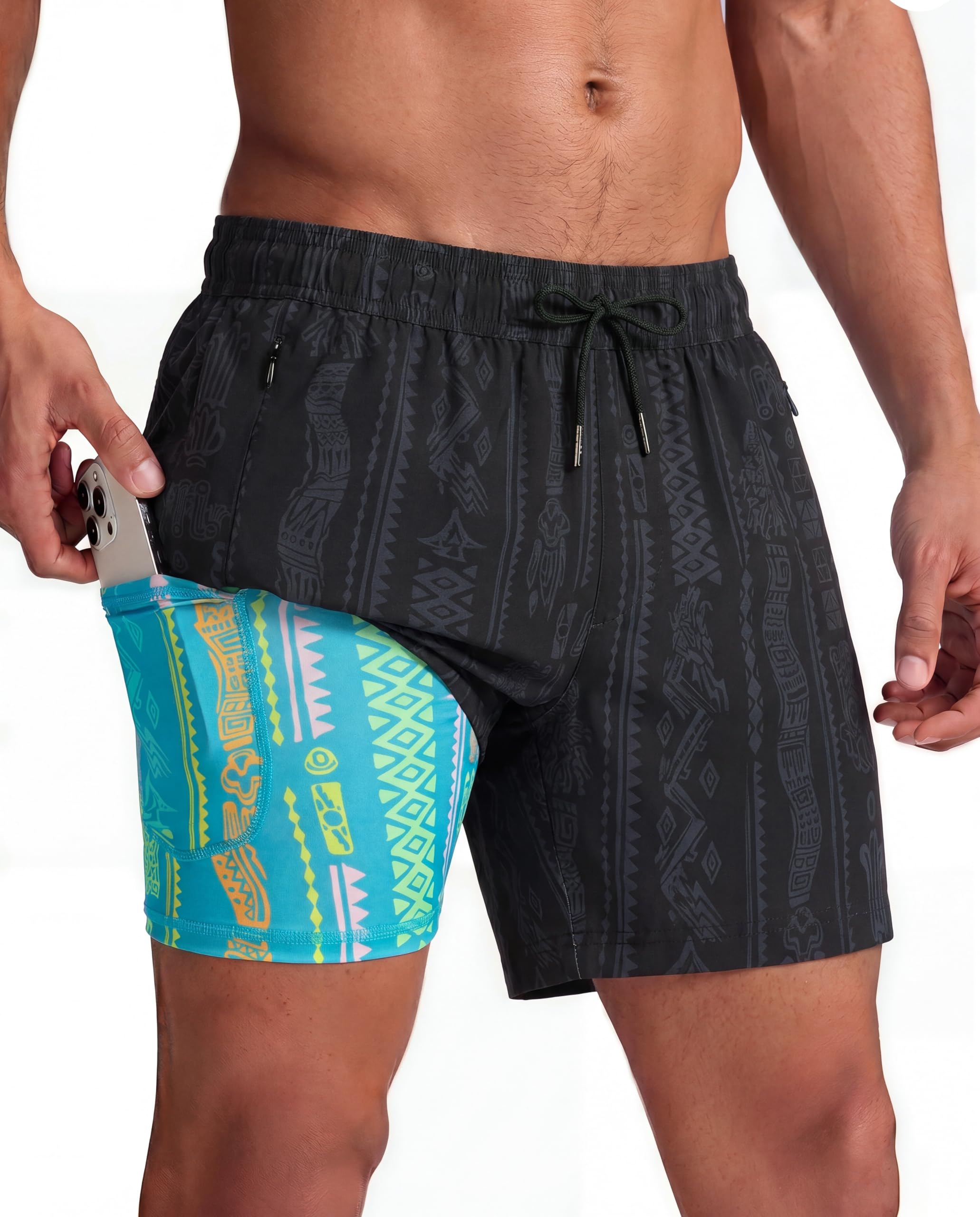 maamgic Mens Swim Trunks with Compression Liner 5 Inch, Quick Dry Bathing Suit with Zipper Pockets, No-Chafing Swim Shorts