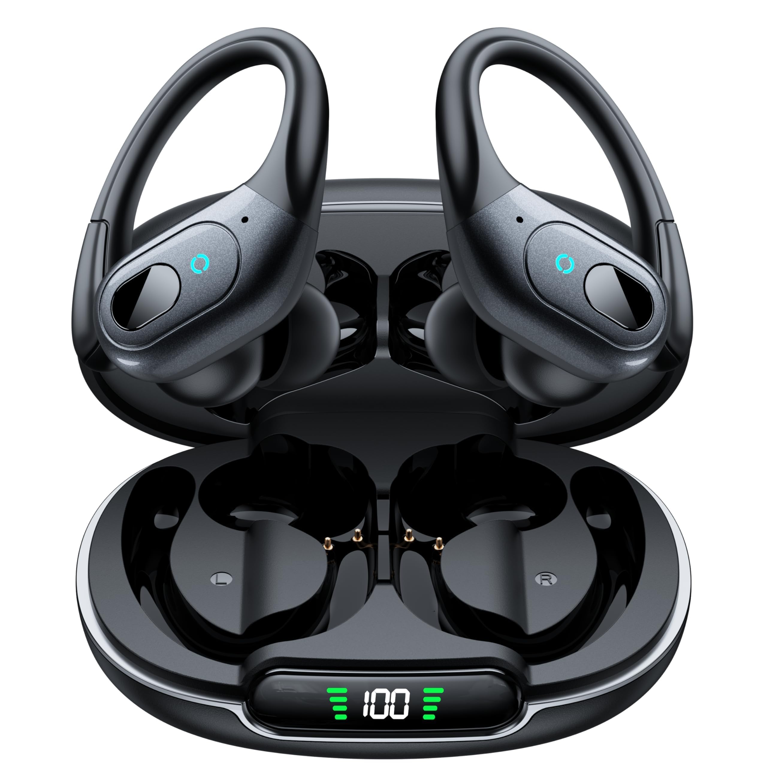 occiam Active Noise Cancelling Earbuds Wireless Bluetooth Headphones Ear Buds 90Hrs Playback Stereo Bass Earphones with Mic Over-Ear Hooks IPX7 Waterproof Headset for Work Sports Running Matte Black