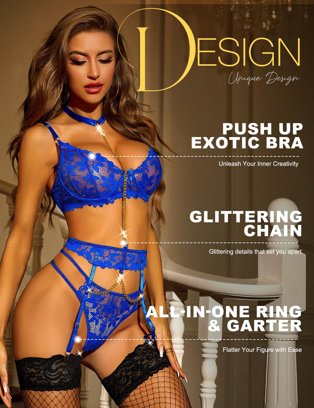 RSLOVE Women's Lingerie Sets with Garter Belt 3 Piece Sexy Lace High Waist Bra and Panty Set Push Up Exotic Sleepwear