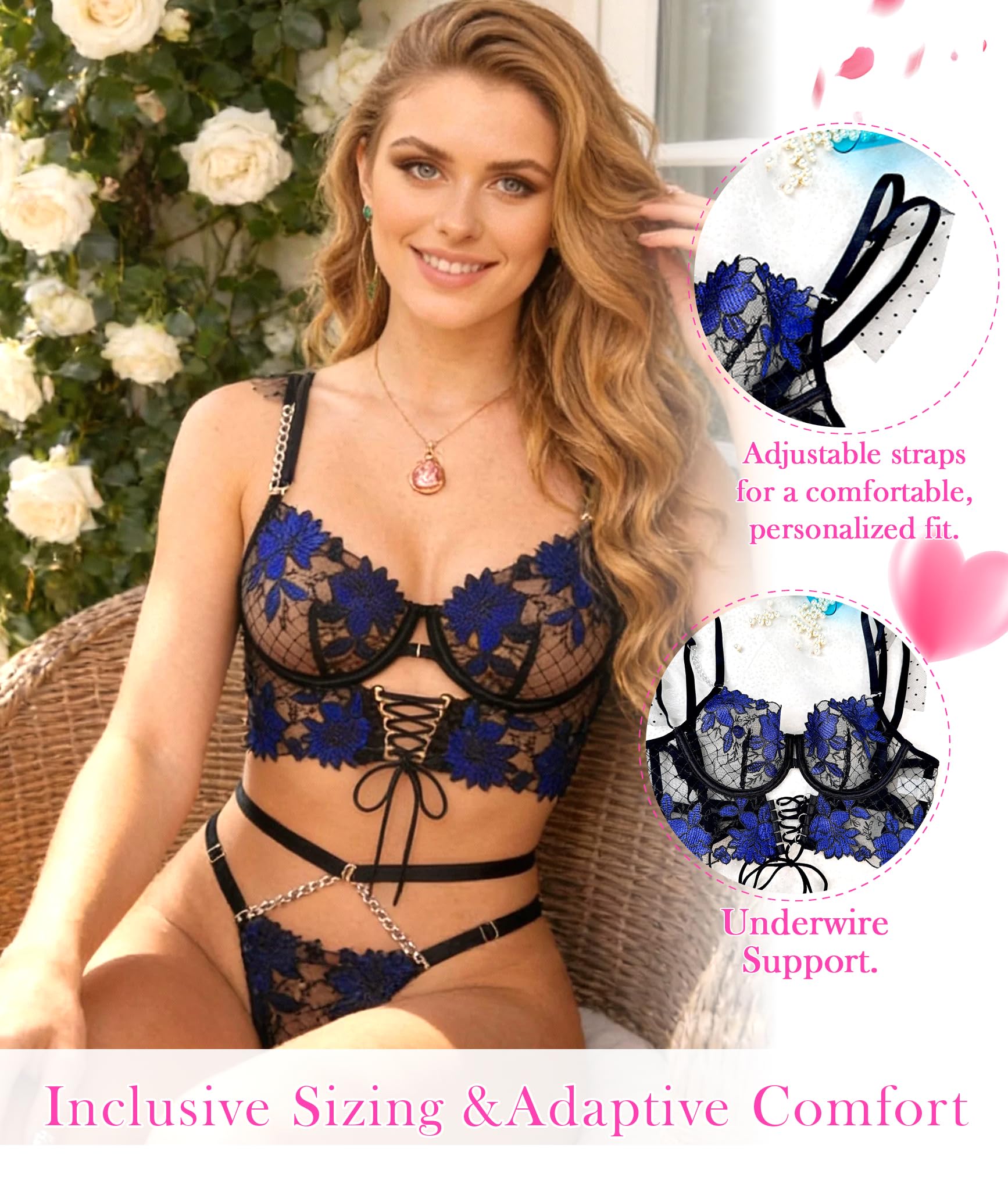 HELLOLAGIRL Women Lingerie Set with Matching Bra and Panty 2 Piece Lace Teddy Babydoll