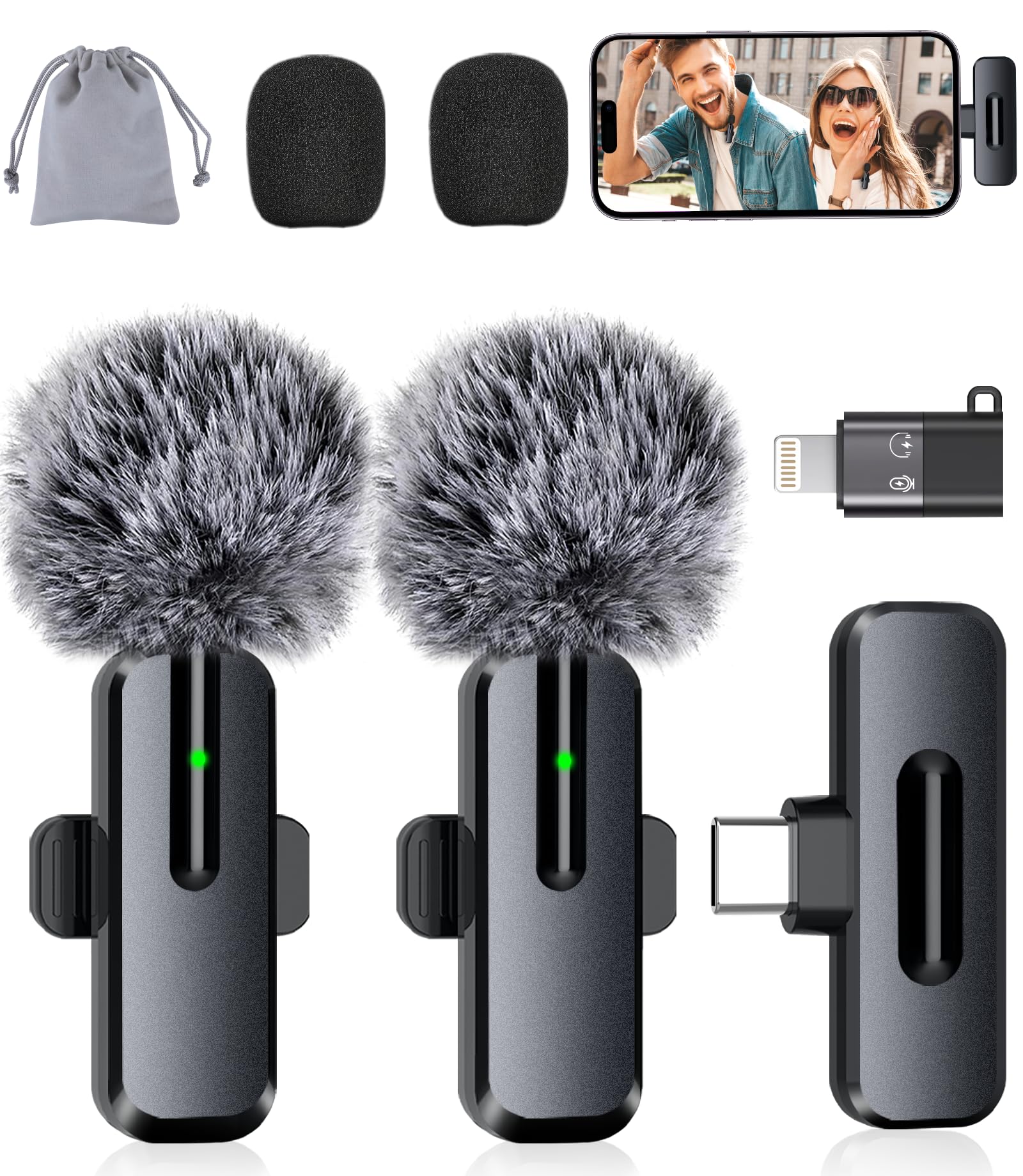 Wireless Mini Microphone for iPhone, Android - 2 Pack Lavalier Microphone for Video Recording, 2 In 1 Noise Reduction Lapel Mic for Ipad, Clip-on Mini Mic with USB-C for Content Creators Podcast