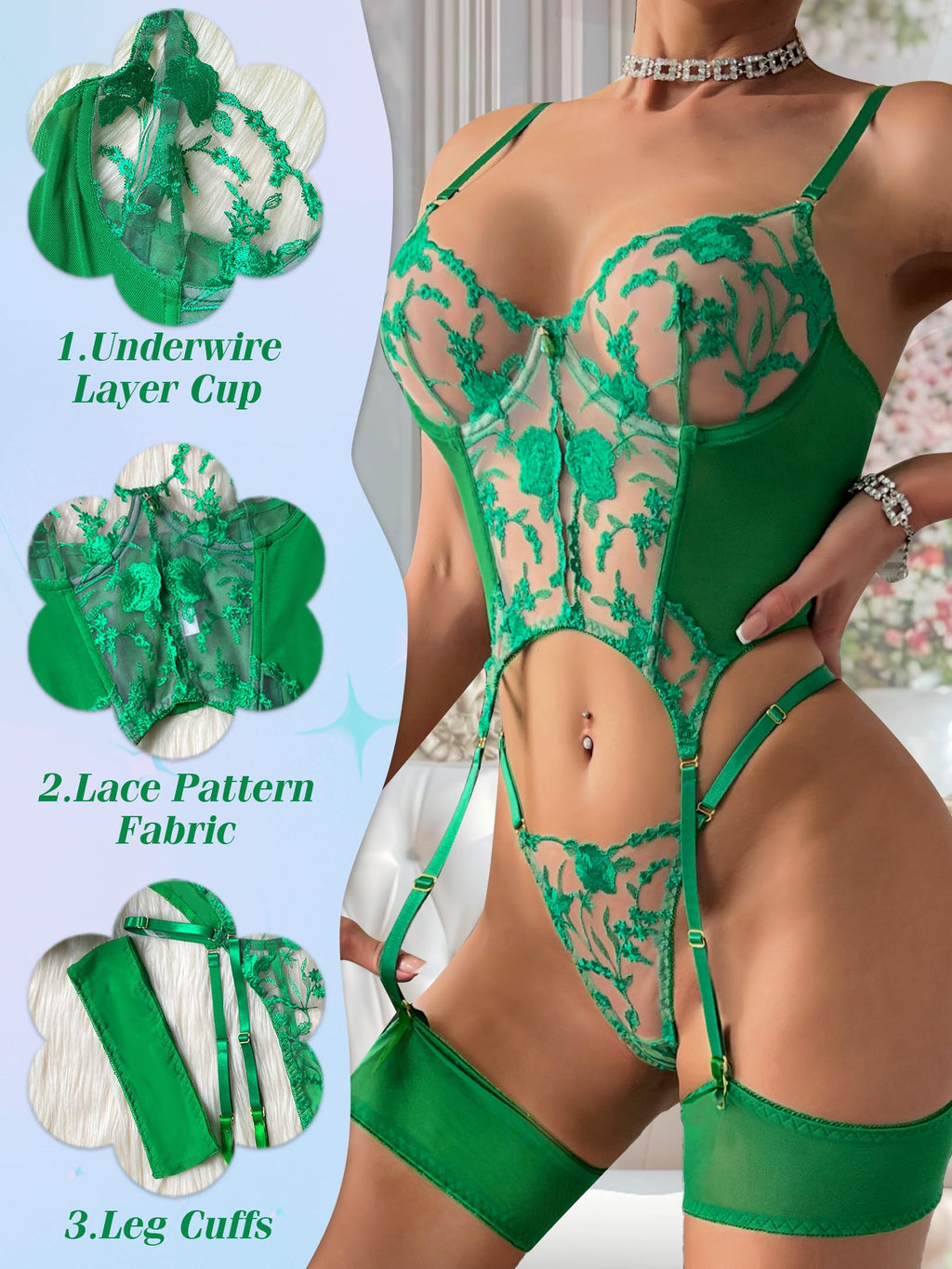 Sexy Embroidered Lace Garter Belt Lingerie 3 Piece Set | Exquisite embroidered lace, adjustable garter & straps, matching thong, honeymoon/boudoir/Valentine's/date night, hand wash.