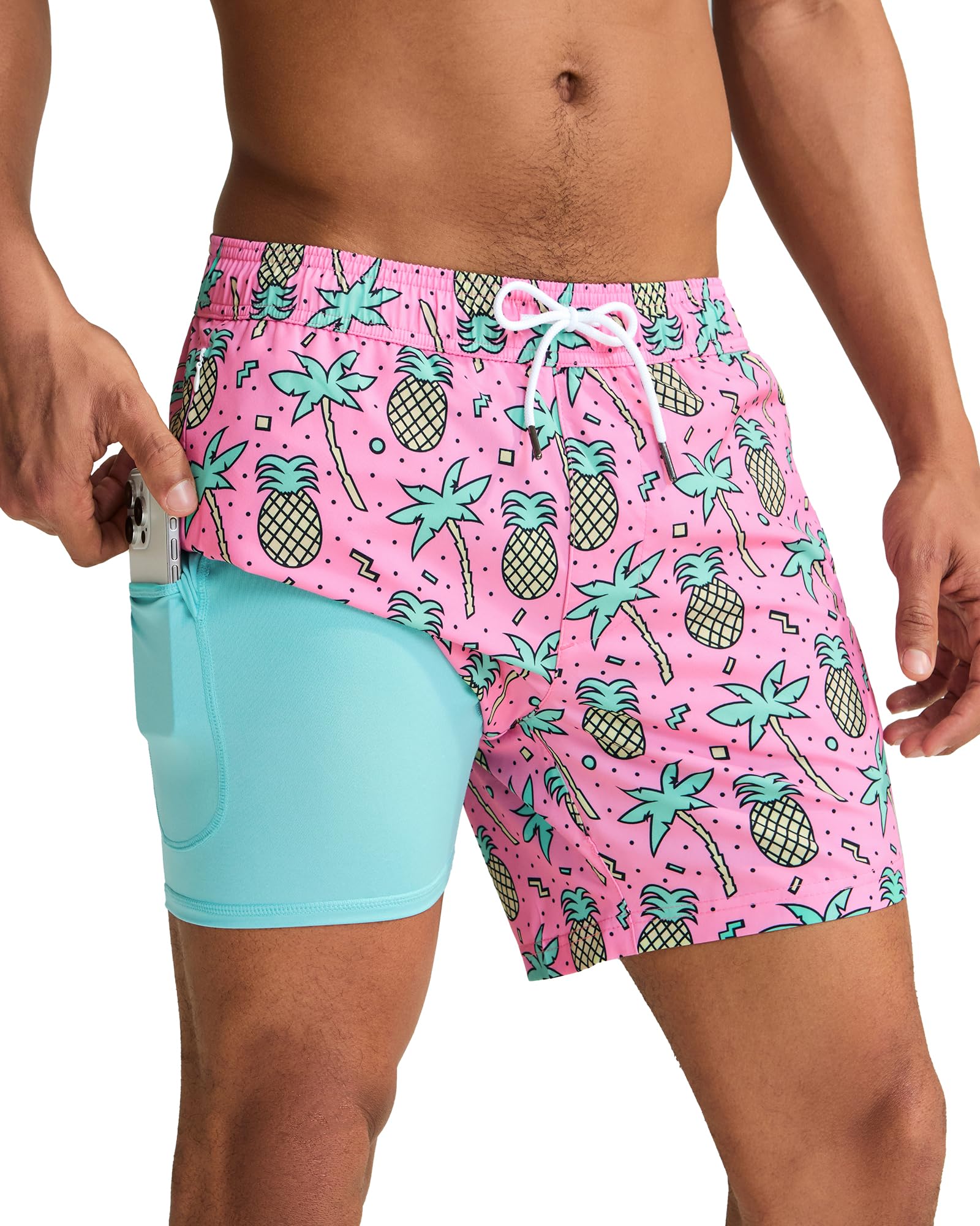 maamgic Mens Swim Trunks with Compression Liner 5 Inch, Quick Dry Bathing Suit with Zipper Pockets, No-Chafing Swim Shorts