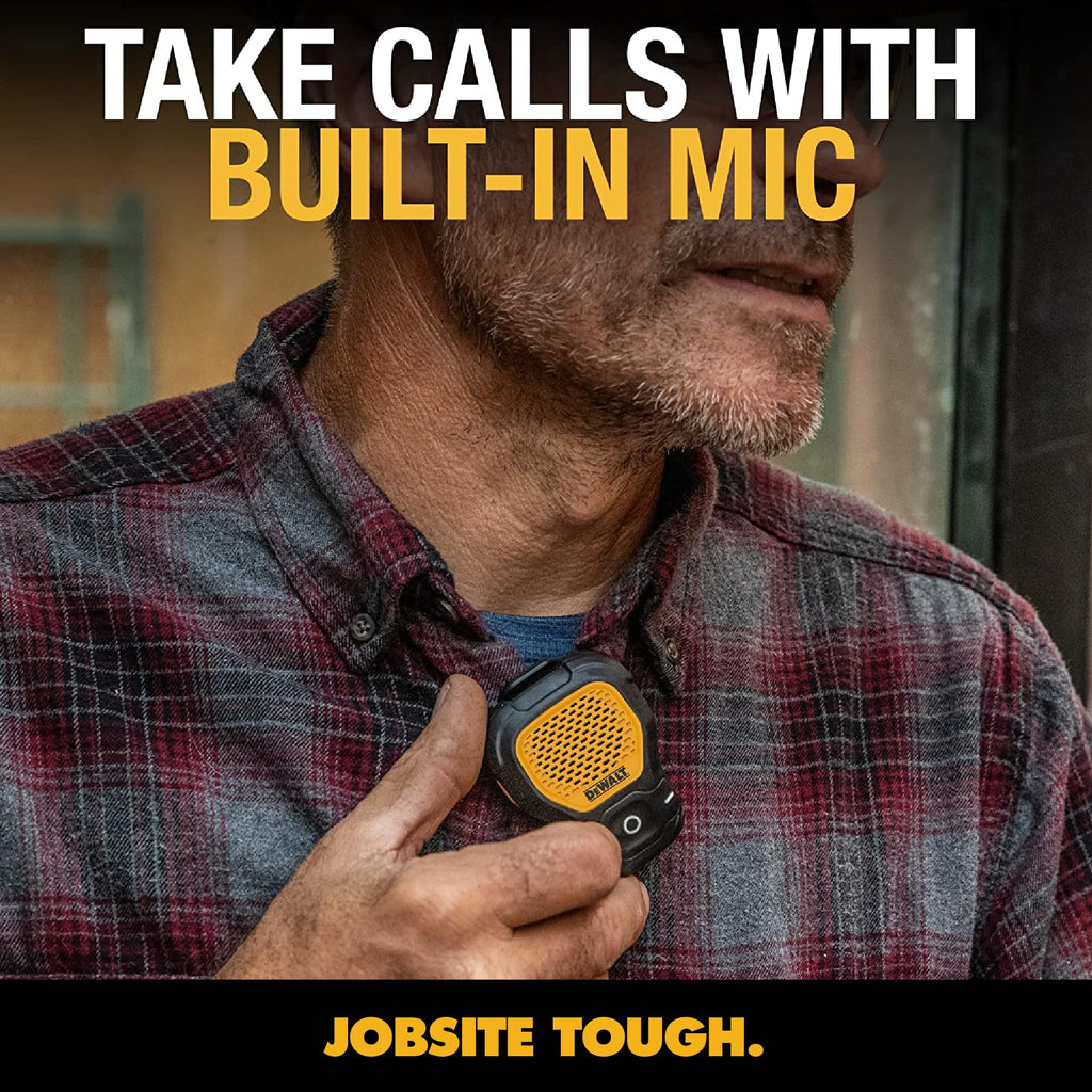 DEWALT Heavy Duty Wearable Bluetooth Speaker Pro Max (New Model) Jobsite Clip-On Mini Speaker w/LED Work Light, IP56 Water Resistant, 12H Runtime, Built-in Mic & Multi-Speaker Link