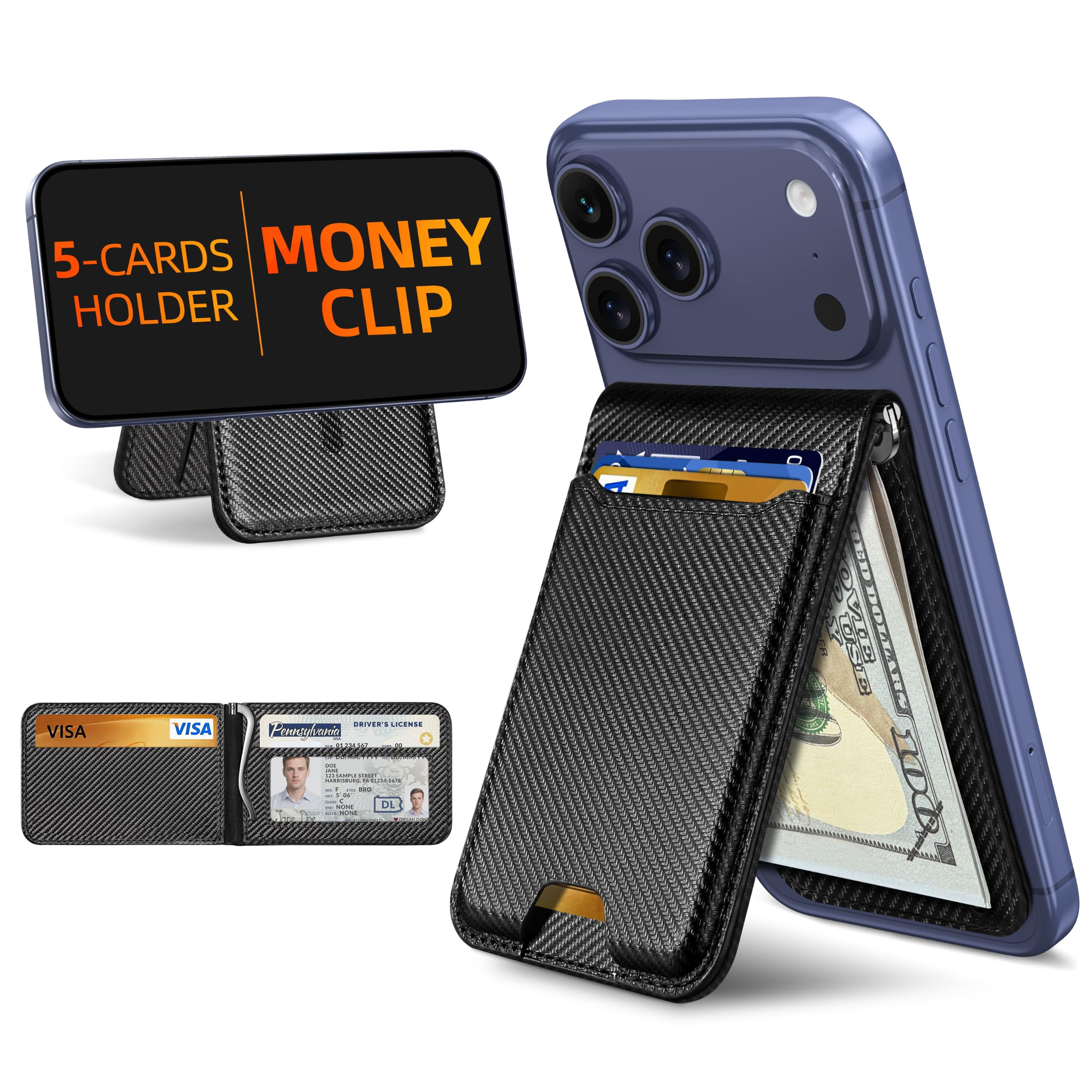 ExtreLife For Magsafe Wallet with Money Clip, Strongest Magnetic Wallet for iPhone 17/16/15/14/13/12 Series, Adjustable Stand, ID Window, 5 Card Holder, RFID Blocking, Not for 13/12 Mini, Black
