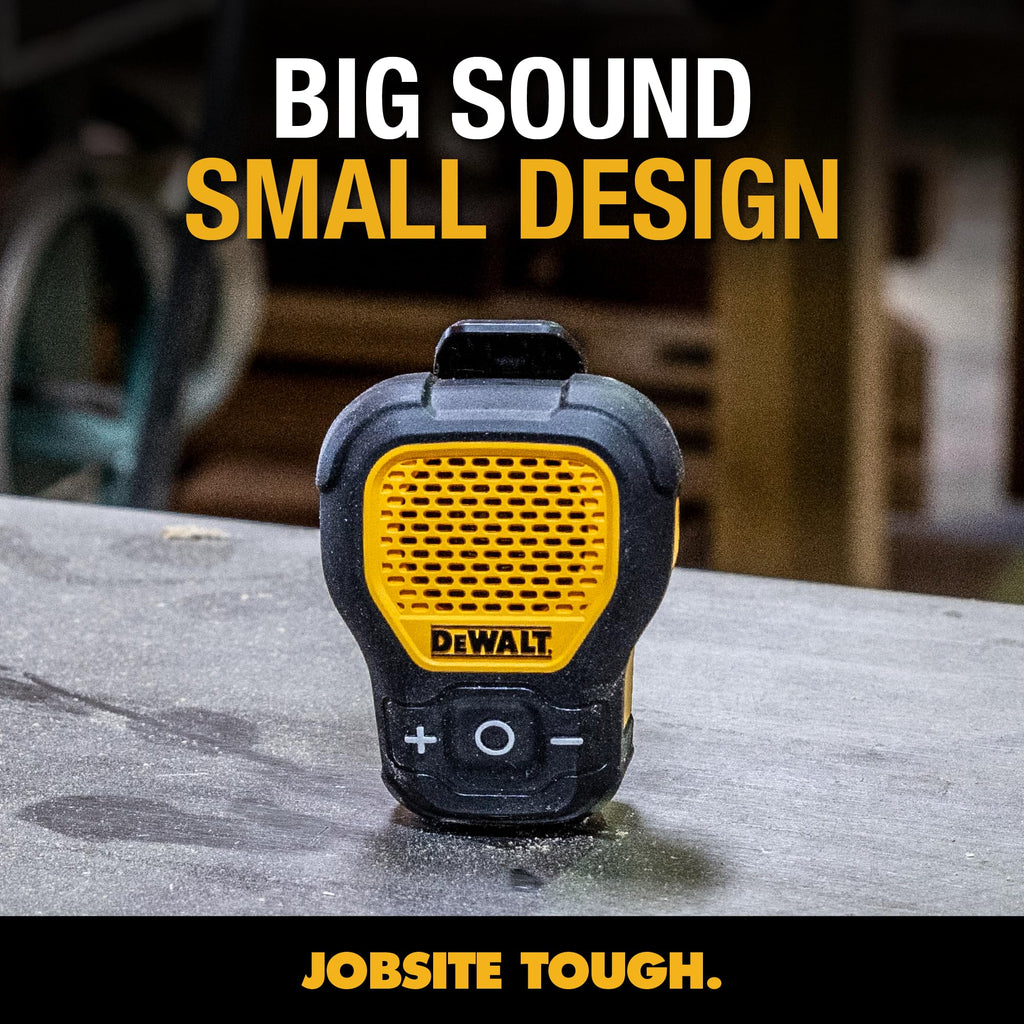 DEWALT Heavy Duty Wearable Bluetooth Speaker Pro Max (New Model) Jobsite Clip-On Mini Speaker w/LED Work Light, IP56 Water Resistant, 12H Runtime, Built-in Mic & Multi-Speaker Link