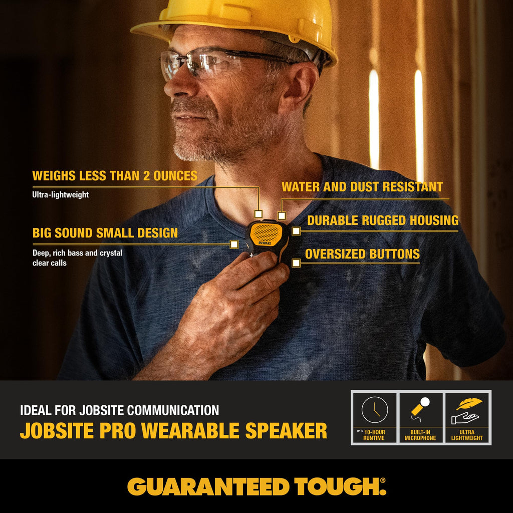 DEWALT Heavy Duty Wearable Bluetooth Speaker Pro Max (New Model) Jobsite Clip-On Mini Speaker w/LED Work Light, IP56 Water Resistant, 12H Runtime, Built-in Mic & Multi-Speaker Link